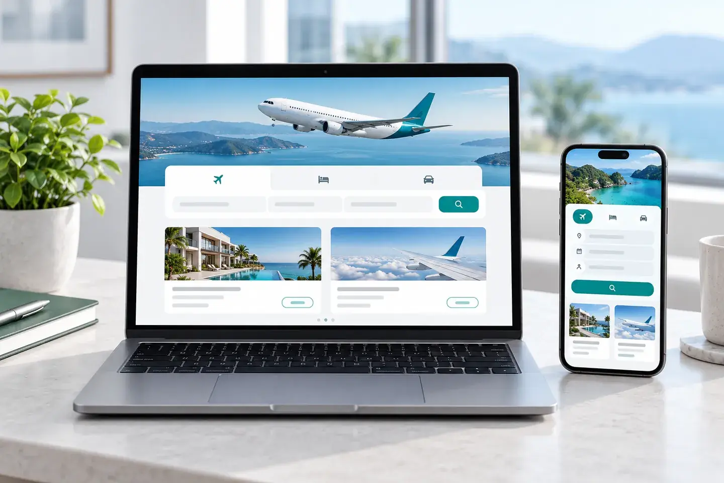 Travel booking platform on a laptop and phone