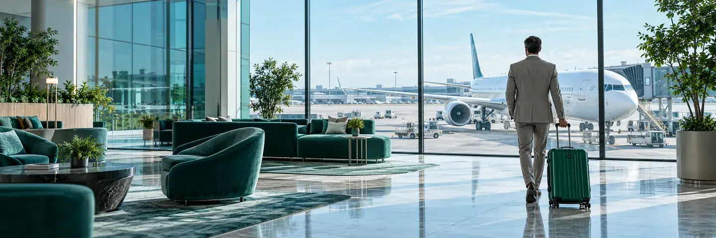Traveler with an emerald suitcase in a contemporary airport lounge