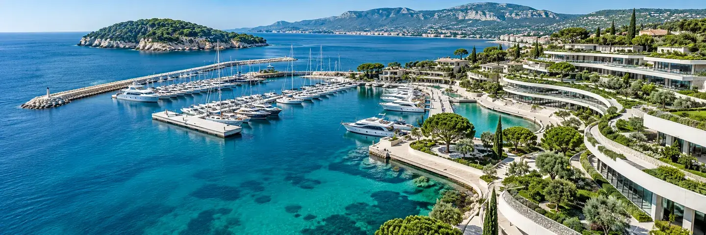 Turquoise coastal marina with contemporary architecture and emerald landscaping