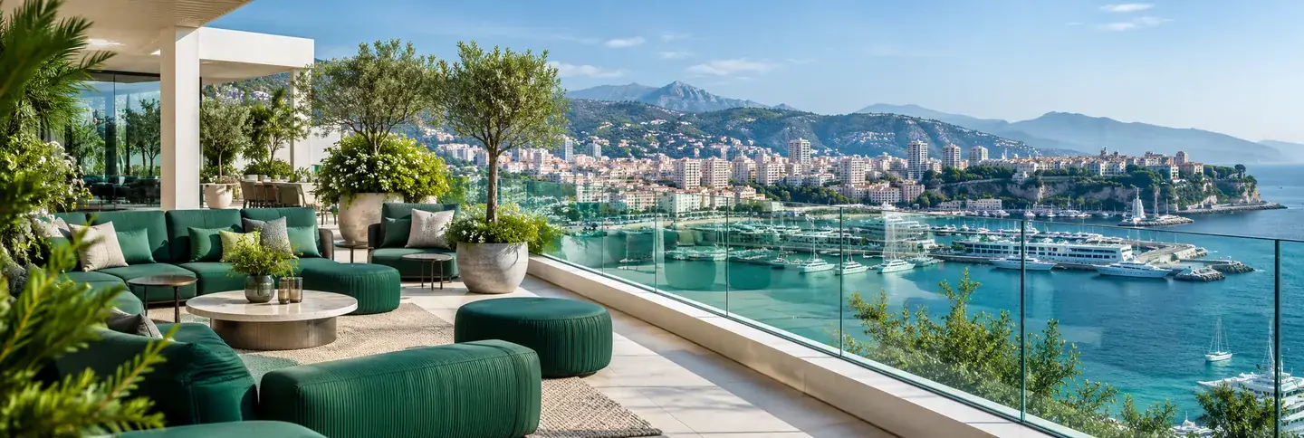 Business hotel terrace with emerald seating overlooking the waterfront