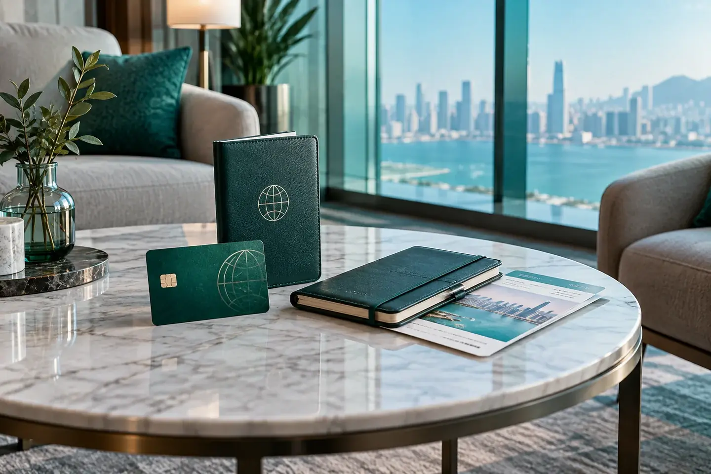 Emerald membership card, passport and itinerary in a hotel lounge
