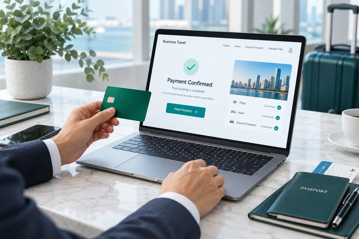 Online travel payment with a card and laptop