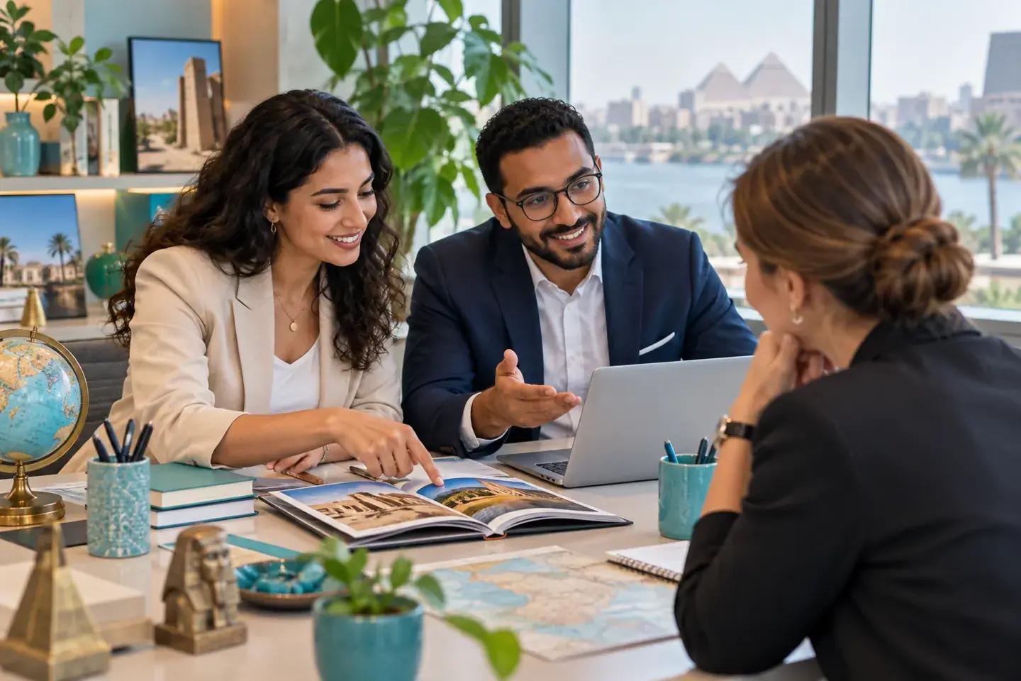 Travel agents reviewing a business itinerary
