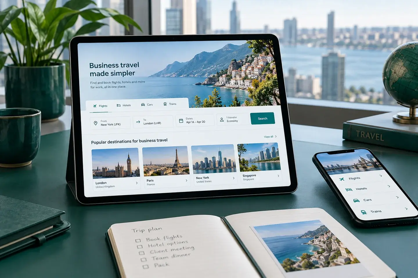 Tablet and phone displaying a corporate travel booking interface